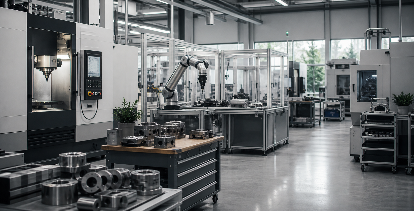 A modern advanced-manufacturing floor with CNC equipment, precision components, and a collaborative robotic arm