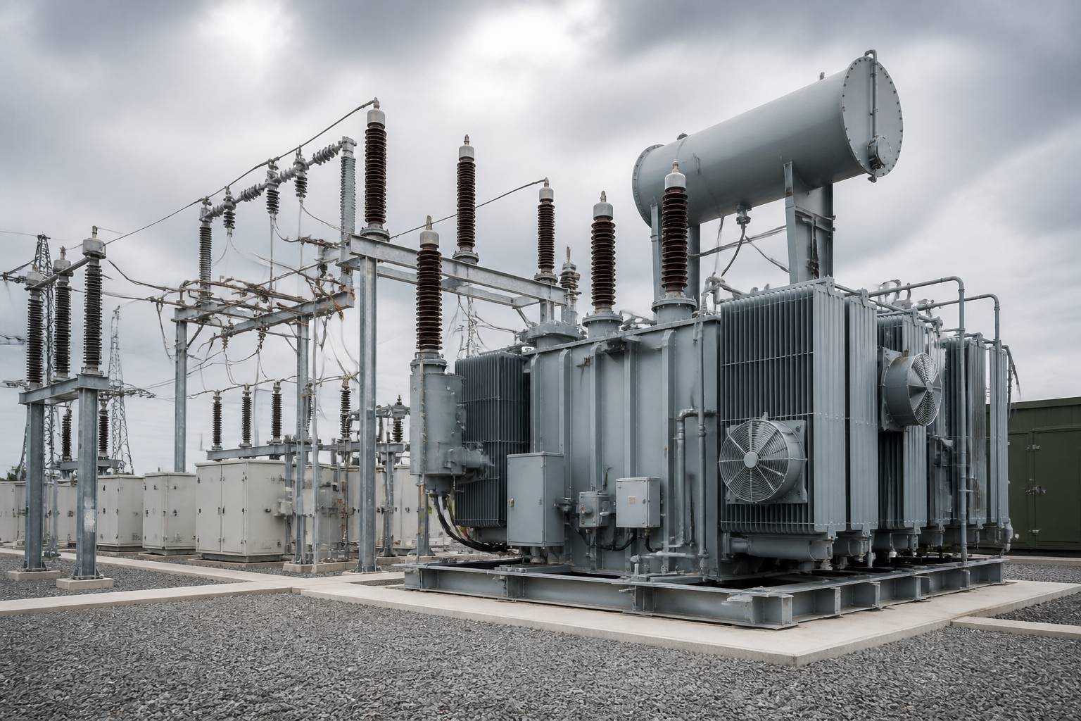 Large transformers and high-voltage switchgear in a modern energy infrastructure facility