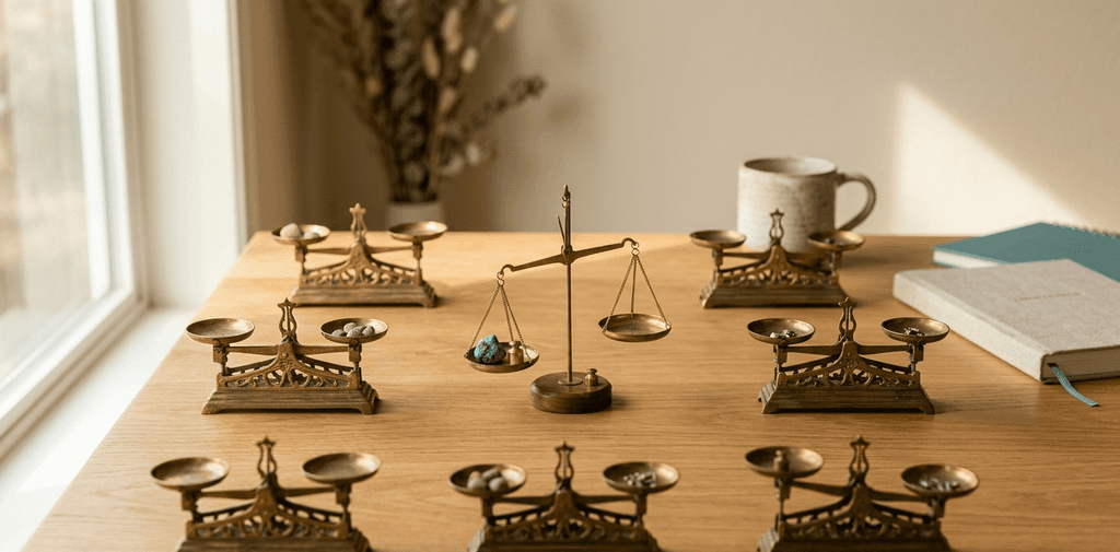 Brass weighing scales arranged on a wood desk, center scale tipped with teal stones